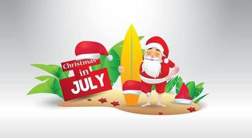 weihnachten im juni, juli, august, für plakat, marketing, werbung, sommerschlussverkauf, grußkarte. weihnachtsmann im sommer mit kopierraum für text vektor