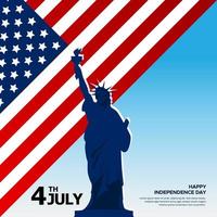 firar Amerikas självständighetsdag bakgrund med flagga och landmärke staty. 4 juli amerikanska självständighetsdagen design vektor