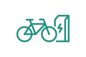 elektrisk cykel laddning i laddstation linjär ikon. elcykel energi ladda grön symbol. miljövänlig elektrocykelladdningsskylt. vektor eps batteridriven e-cykeltransport