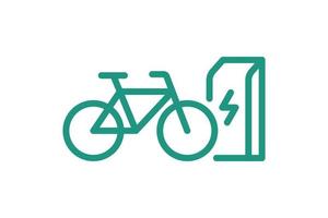 elektrisches fahrrad, das in der ladestation lineares symbol auflädt. elektrisches fahrrad energieladung grünes symbol. Umweltfreundliches Schild zum Aufladen von Elektrozyklen. Vektor eps batteriebetriebener E-Bike-Transport