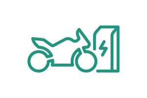 elektrisk sportcykel laddning i laddstation linjär ikon. elektrisk motorcykel energi ladda grön symbol. miljövänlig elektromotorcykelladdningsskylt. vektor eps batteridriven ev transport