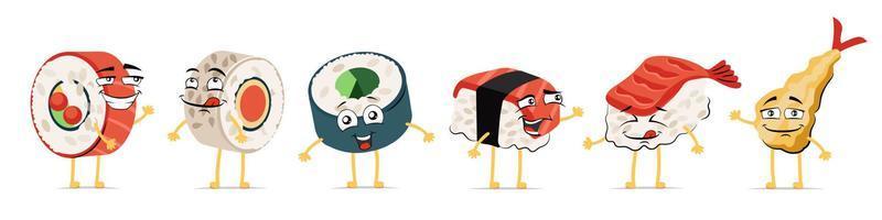 japansk mat rolig tecknad leende teckenuppsättning. japan kök sushi och rullar söta glada ansikte uttryck maskot samling. asiatisk skaldjur glad tempura. vektor komiska uttryckssymboler eps illustration
