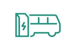 elbussladdning i laddstationen linjär ikon. elektrisk e-bus energiladdning grön symbol. miljövänlig laddningsskylt för elektrofordon. vektor batteridriven ev transport eps logotyp