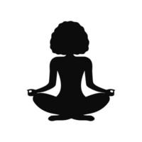 svart siluett av afrikansk amerikansk kvinna i en pose för meditation. meditation och yoga i lotusställning. vektor illustration isolerad på vit bakgrund