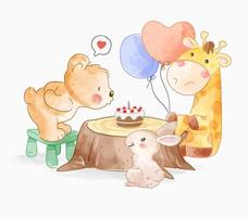 söta djur vänner med födelsedagstårta på trädstubbe illustration vektor