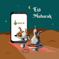 eid mubarak vektor, illustration och mat med islamiska ljus för reklammedia och designprojekt vektor