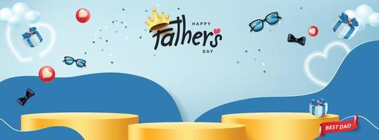 Vatertagskarte mit zylindrischer Produktanzeige und Geschenkbox für Papa auf blauem Hintergrund vektor