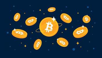 Bitcoin-Münzen, die vom Himmel fallen. Bannerhintergrund des BTC-Kryptowährungskonzepts. vektor