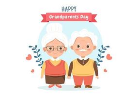 glad morföräldrar dag söt tecknad illustration med äldre par, blomsterdekoration, morfar och mormor i platt stil för affisch eller gratulationskort vektor