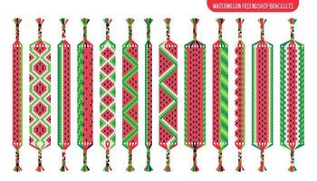 Handgemachte Freundschaftsarmbänder aus Wassermelonenfrüchten aus Fäden oder Perlen. Tutorial für normale Makramee-Muster. vektor