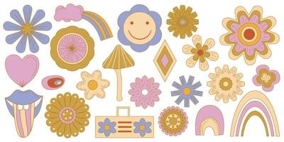 hippie groovy clipart set med blomma, regnbåge, läpp isolerad på vit bakgrund retro glad blomma daisy vektor konstillustration. isolerade vektor illustration