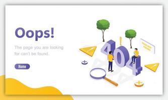 designmall för webbsida med 404-fel. isometrisk sida. fungerar inte fel förlorat hittades inte 404 tecken problem landning vektor design