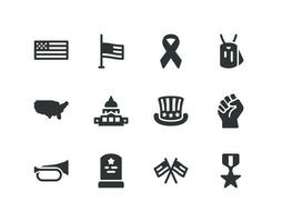 Memorial Day und Veterans Day Solid Icon Set mit Flaggen- und Militärvektorsymbolen vektor