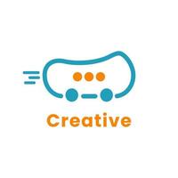 kreative Kombination aus Busfahrzeug und Sprechblasen-Logo. modernes logo des chat- und lieferdienstes. vektor
