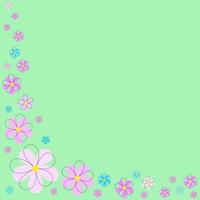 blommigt vykort, ram för bröllop, rosa och blå tecknade dekorativa blommor på ljusgrön bakgrund. vektor