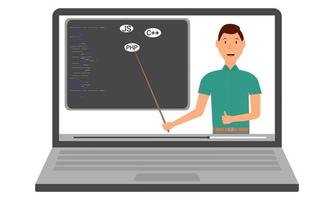 det kurser. lära sig programmeringsspråk online. läraren visar programkoden på den bärbara datorns skärm. platt. vektor illustration