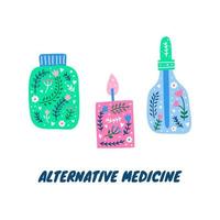 bunte skandinavische gekritzelflaschen, kerze mit floralen ornamenten, blumen, blätter, kräuter isoliert auf weißem hintergrund. perfekt für Poster, Karten, Banner, Drucke. Alternativmedizin, Homöopathie. vektor