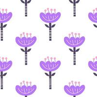 Weißes, nahtloses Muster mit violetten Blumen im skandinavischen Volkskunststil. vektor
