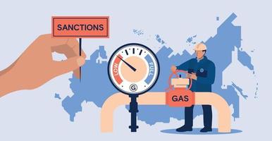 gaslieferungen aus russland. Sanktionen. Ein männlicher Arbeiter dreht ein Ventil an einer Gasleitung. Karte von Russland. Vektorbild. vektor