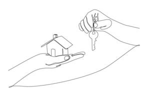 konturritning av hållbart hus i hand med nyckel. konceptet att bygga bostäder för unga familjer. vektor