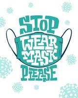 banderoll med inskription bär ansiktsmask tack på vit bakgrund med bakterier. illustration för att förhindra sjukdomar, förorenad luft. vektor mall med bokstäver för affisch, annons, tryck, webbdesign.