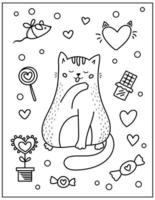 Malseite für Kinder mit lustiger Katze, Schokolade, Süßigkeiten, Spielzeug und Herzen. Valentinstag-Vektor-Illustration. hand gezeichnete zeichentrickfigur. vektor