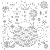 Anti-Stress-Malvorlagen für Kinder und Erwachsene. handgezeichnete Teekanne. gekritzelblumen und abstrakte geometrische formen. Umriss-Vektor-Illustration. vektor