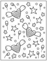 valentinstag-farbseite mit fliegenden herzen, sternen und blumen. hand gezeichnete gekritzelvektorillustration. vektor