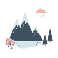 minimalistiskt kort med berg, granar, sjö och moln på vit bakgrund. resor, läger eller naturkoncept. vektor
