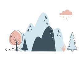 minimalistische Karte mit Bergen, Tannen und Wolken auf weißem Hintergrund. Reise- oder Naturkonzept. nördliche Landschaft in begrenzten Farben vektor