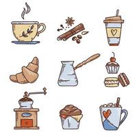 handgezeichnetes farbiges kaffeeset. vektorskizzenillustrationssatz mit tasse, cezve, gewürzen, kaffeemühle, croissant und anderen desserts vektor