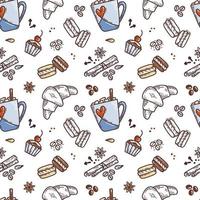 Vektor handgezeichnete Skizze Stil Tee oder Kaffee Muster. kaffee- oder kakaotasse mit marshmallow, gewürzen und kaffeebohnen, makronen, kuchen, croissant