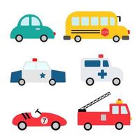 baby stadsbilar set. rolig transport. tecknad vektorillustration i enkel barnslig platt stil för barn. brandbilen, ambulansen, polisen, skolbussen och racing isolerade på vitt vektor