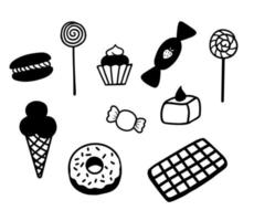 Schwarz-Weiß-Vektor-Süßigkeiten-Symbole. Süßigkeiten, Eis, Donut im Linienstil vektor