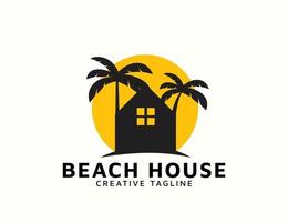 strandhaus mit sonne und kokosnussbaum-logo-design vektor