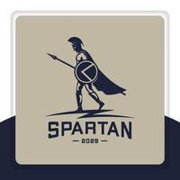 Logo-Design spartanisch mit Schild, Speer, Umhang, Gehen, Vektorillustration vektor