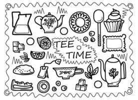 Schwarz-Weiß-Doodle-Stil-Vektorillustration mit Tea-Party-Set, Hintergrund für Restaurant- oder Café-Menü vektor