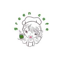 Grünes Café-Logo mit Vektorillustration eines Mädchens, das eine Tasse grünen Kaffee trägt vektor