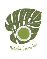 Matcha-Grüntee-Becher Monstera-Blatt. gesunder getränkelebensstil. für Banner, Hintergrund, Design. Vektor