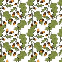 höstmönster av ek ekollon, gren med löv och ekollonnötter, handritning doodling, orange och grå färg, på en vit bakgrund. vektor