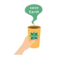 biologisch abbaubare tasse, kaffee, tee, getränk, handgriffe, sprechblase mit der aufschrift save earth. getrennt, auf einem weißen Hintergrund. Vektor