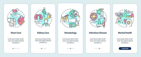 Bereitstellung medizinischer Dienstleistungen auf dem Bildschirm der mobilen App. Medizin Komplettlösung 5 Schritte grafische Anleitungsseiten mit linearen Konzepten. ui, ux, gui-Vorlage. vektor