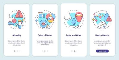 Wasserqualitätsindikatoren auf dem Bildschirm der mobilen App. Farb- und Geschmacksdurchführung 4 Schritte grafische Anleitungsseiten mit linearen Konzepten. ui, ux, gui-Vorlage. vektor