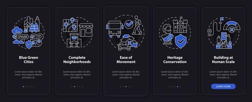 Urban Design-Prinzipien Nachtmodus beim Onboarding auf dem Bildschirm der mobilen App. City Walkthrough 5 Schritte grafische Anleitungsseiten mit linearen Konzepten. ui, ux, gui-Vorlage. vektor