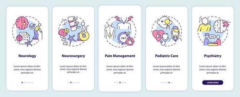 medizinische klinikdienste beim onboarding des mobilen app-bildschirms. Hospital Walkthrough 5 Schritte grafische Anleitungsseiten mit linearen Konzepten. ui, ux, gui-Vorlage. vektor