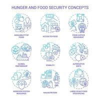 hunger und ernährungssicherheit blaue steigungskonzeptikonen eingestellt. Lebensmittelverfügbarkeit und Zugänglichkeitsidee dünne Farbillustrationen. isolierte Symbole. vektor