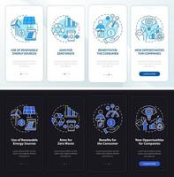 proffs för cirkulär ekonomi natt- och dagläge på mobilappskärmen. genomgång 4-stegs grafiska instruktionerssidor med linjära koncept. ui, ux, gui mall. vektor