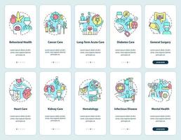 medizinische zentrumsdienste beim onboarding des mobilen app-bildschirmsets. Walkthrough für das Gesundheitswesen 5 Schritte grafische Anleitungsseiten mit linearen Konzepten. ui, ux, gui-Vorlage. vektor