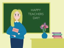 Happy Teachers Day Poster oder Banner-Vorlage. Lehrerin im Klassenzimmer. einfaches flaches Farbgrafikdesign vektor
