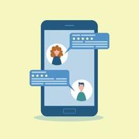 Smartphone mit Feedback. App-Blasenreden und Avatare auf dem Bildschirm. die Fünf- und Vier-Sterne-Bewertung. Vektor flaches Konzept.